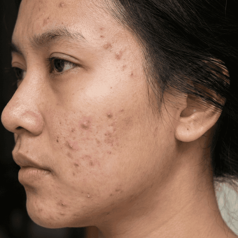 Wajah wanita penuh dengan jerawat yang masih meradang dan dipengaruhi jerawat hormonal masuk pada Detox Phase