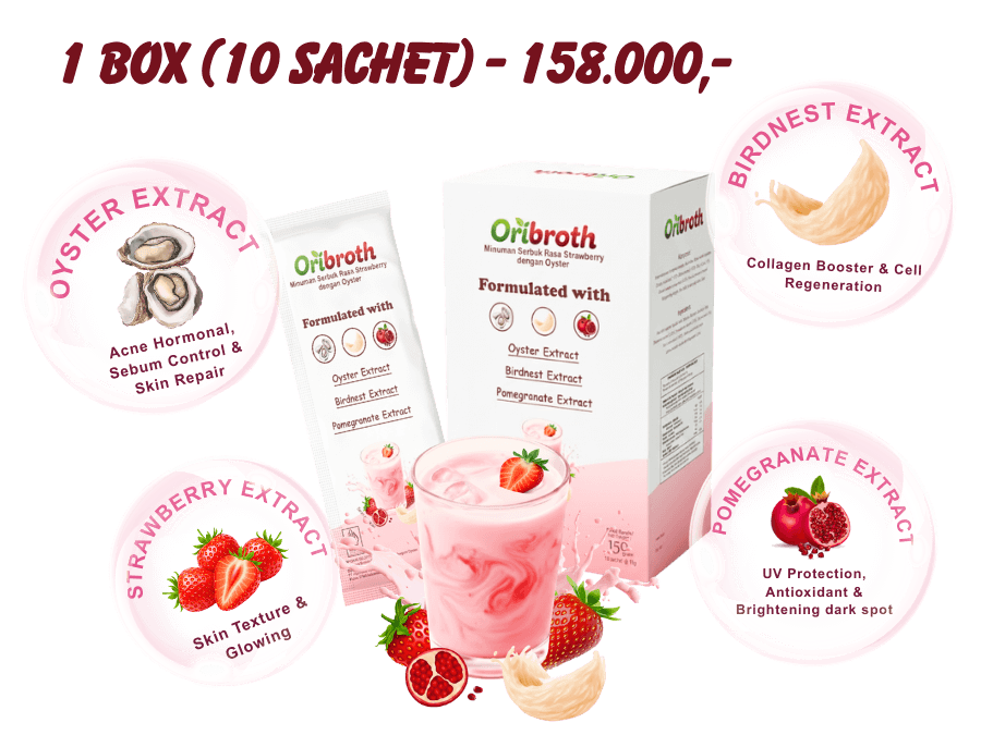 1 Box produk Oribroth dengan manfaat kandungan utama ekstrak Oyster, Birdnest, Pomegranate dan Strawberry